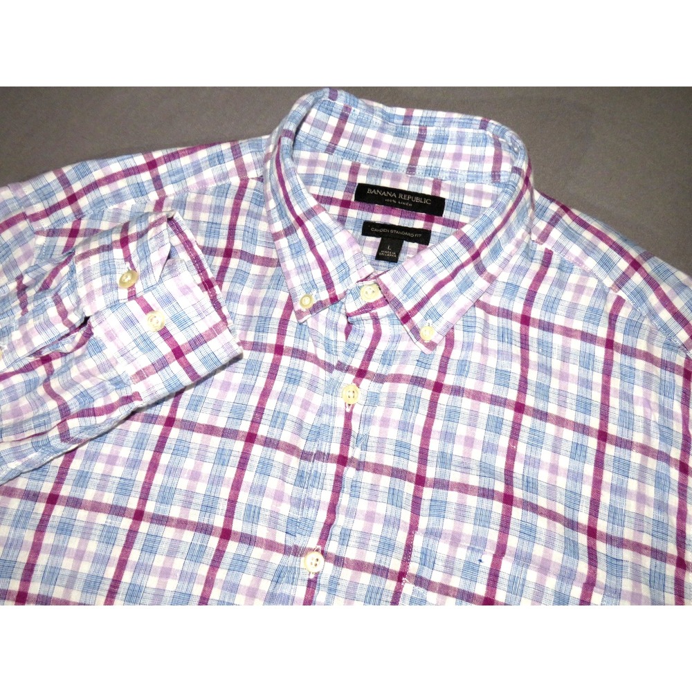 Banana Republic 100% Linen CAMDEN FIT Plaid Button Up Shirt Men's Large